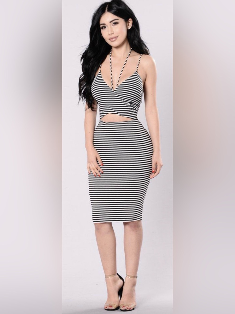 Fashion Nova Striped Black & White Cutout Bodycon Dress S